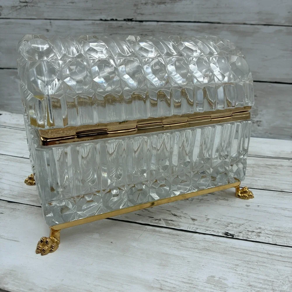 French Baccarat Style Jewelry Casket Footed Box Heavy Crystal Glass Hinged Lid